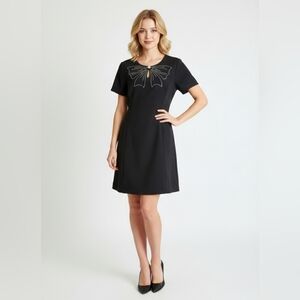 NWOT Black Rhinestone Embellished Bow Motif Short Sleeve Dress Size M